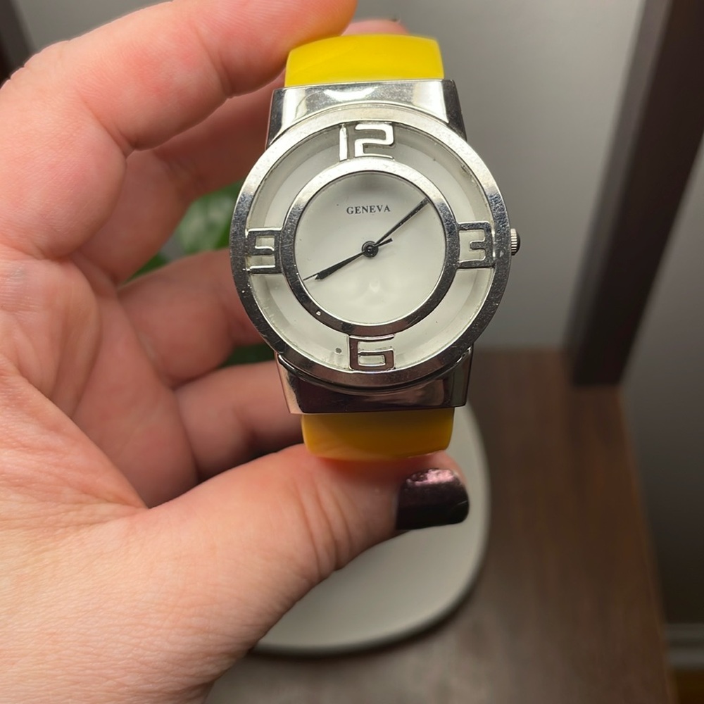 ⏰GENEVA⏰ yellow cuff watch // white face // adjustable // needs battery